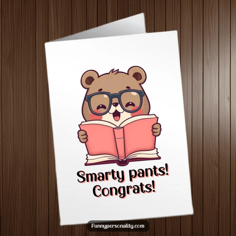 Funny free printable congratulations card featuring a bear wearing glasses engrossed in a large book.