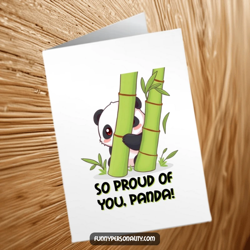 Funny Free Printable Shy Panda Congratulations Card, shy panda hiding behind bamboo, perfect for subtle, downloadable celebrations.