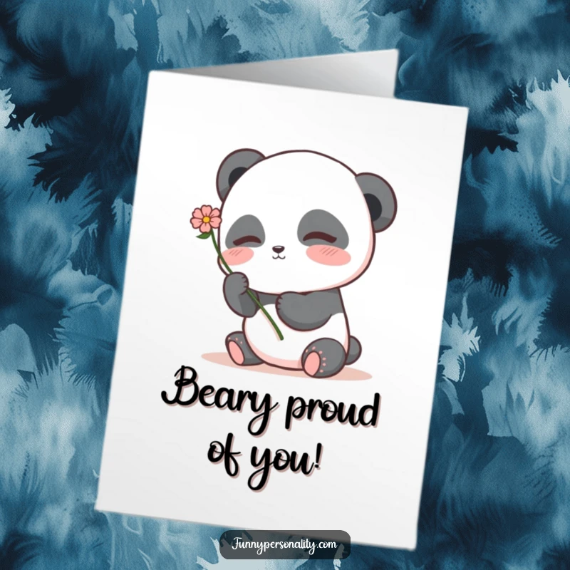 Sweet free printable panda card, a blushing panda holding a flower, conveying congratulations.