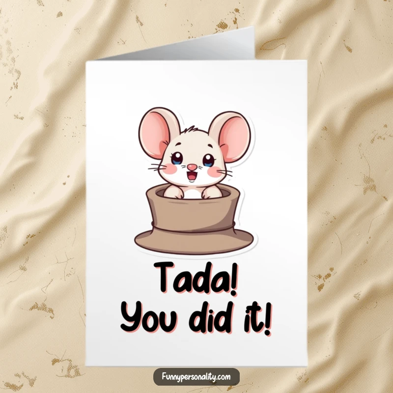 Funny Free Printable Congratulations Card: A startled mouse emerging from a tiny hat, celebrating an achievement.