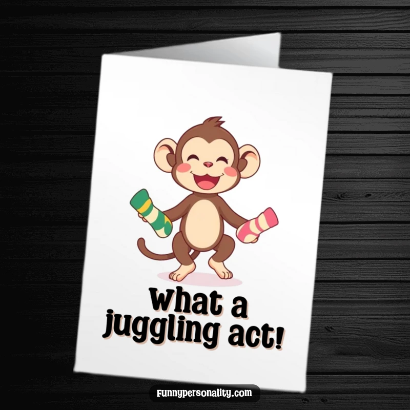 Funny Free Printable Congratulations Card with a playful monkey juggling colorful socks, a fun way to celebrate any achievement.
