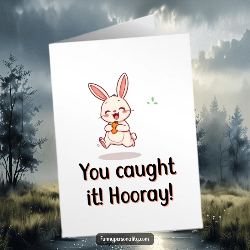Funny Free Printable Congratulations Card: A cheerful rabbit jumping enthusiastically for a tasty carrot, celebrating your accomplishment.