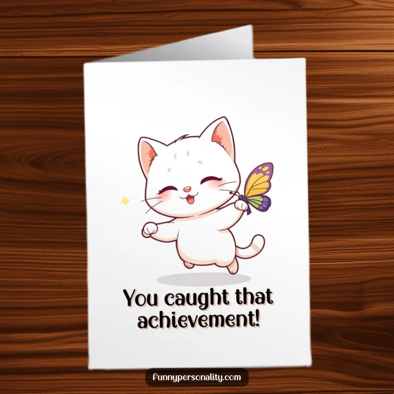 Funny Free Printable Congratulations Card: A nimble cat playfully chases a vibrant, sparkling butterfly, representing success and swift wins.