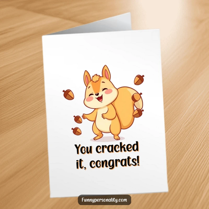 Funny Free Printable Congratulations Card: A gleeful squirrel juggling acorns with a cheerful expression, celebrating achievements with impressive skill.