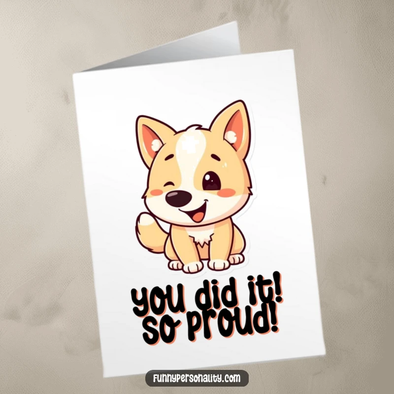 Funny Free Printable Congratulations Card: A dog character enthusiastically wagging its tail, celebrating your success with pure joy.
