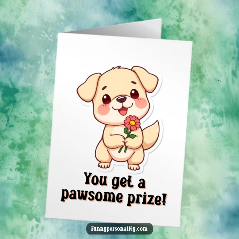 Funny Free Printable Congratulations Card: A small, happy dog with a wagging tail offers a flower, symbolizing sweet congratulations.