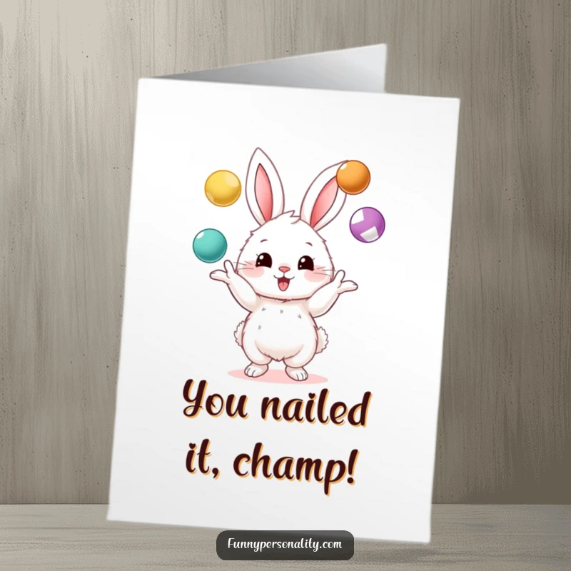 Funny Free Printable Congratulations Card: Energetic bunny juggling vibrant balls, symbolizing exciting achievements and playful celebration.