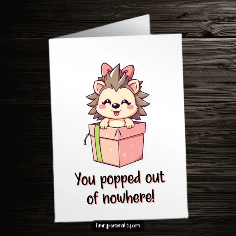 Funny Free Printable Congratulations Card featuring a smiling hedgehog bursting from a gift box, a joyful way to congratulate.