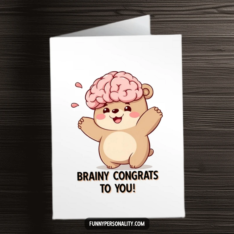 Funny Free Printable Congratulations Card: A chubby bear playfully tossing a smiling brain, celebrating a moment of pure genius.