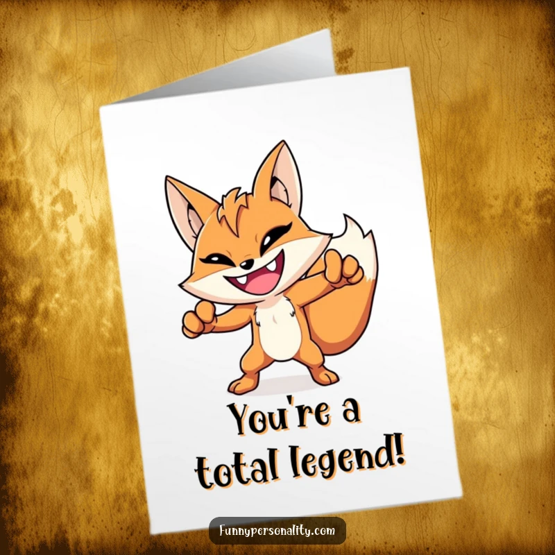 Funny Free Printable Congratulations Card showing a grinning fox character in a heroic pose, celebrating success with bravery and humor.
