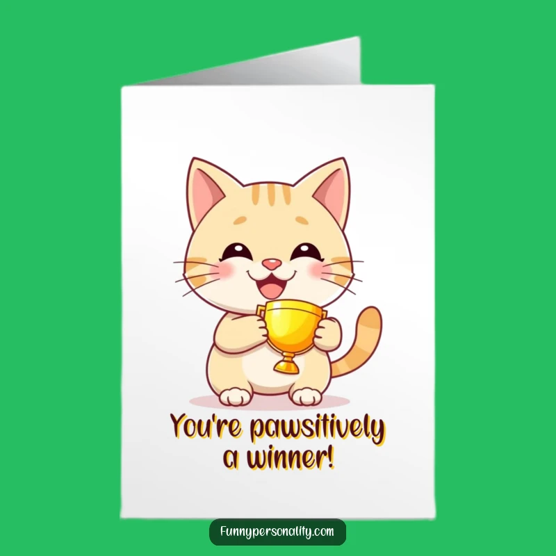 Free Printable Congrats Card: Cat's Glowing Trophy Win Downloadable Gift