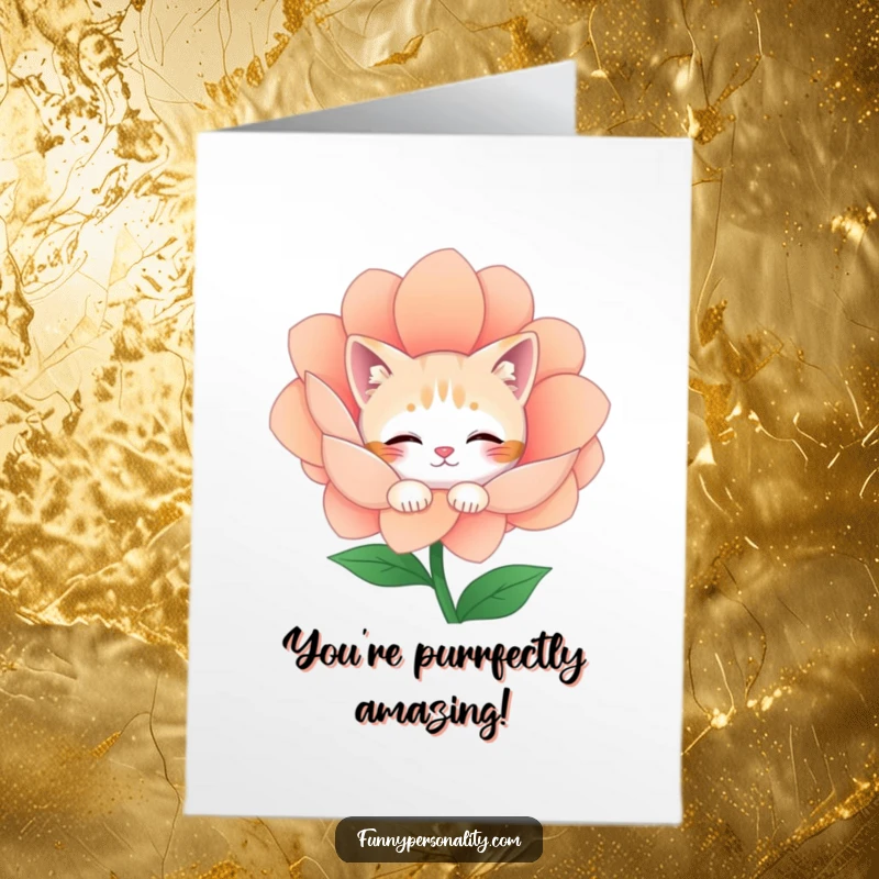 Funny free printable congratulations card: A timid cat peeks from behind a large flower, offering quiet congratulations with a sweet expression.