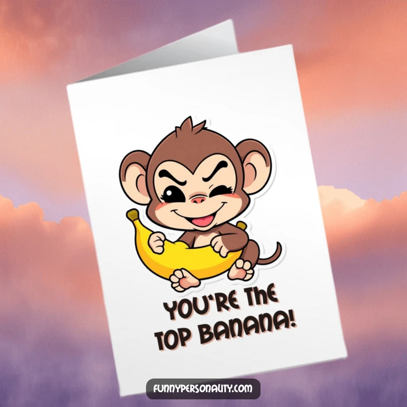 Funny Free Printable Congratulations Card: Grinning monkey balancing a banana, a playful downloadable cheer.