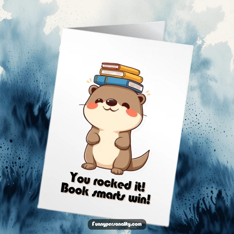 Free Printable Congratulations Card: a cheerful otter balancing a stack of books on its head, symbolizing smart achievements.