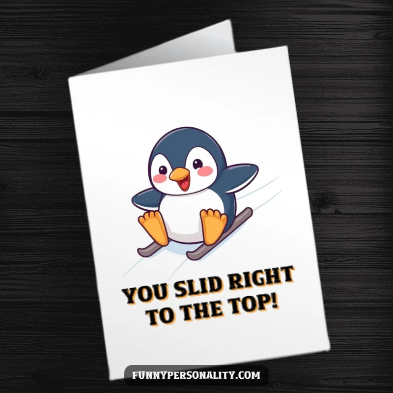 Funny Free Printable Congratulations Card: Penguin celebrating a win with a wild slide down an icy slope.