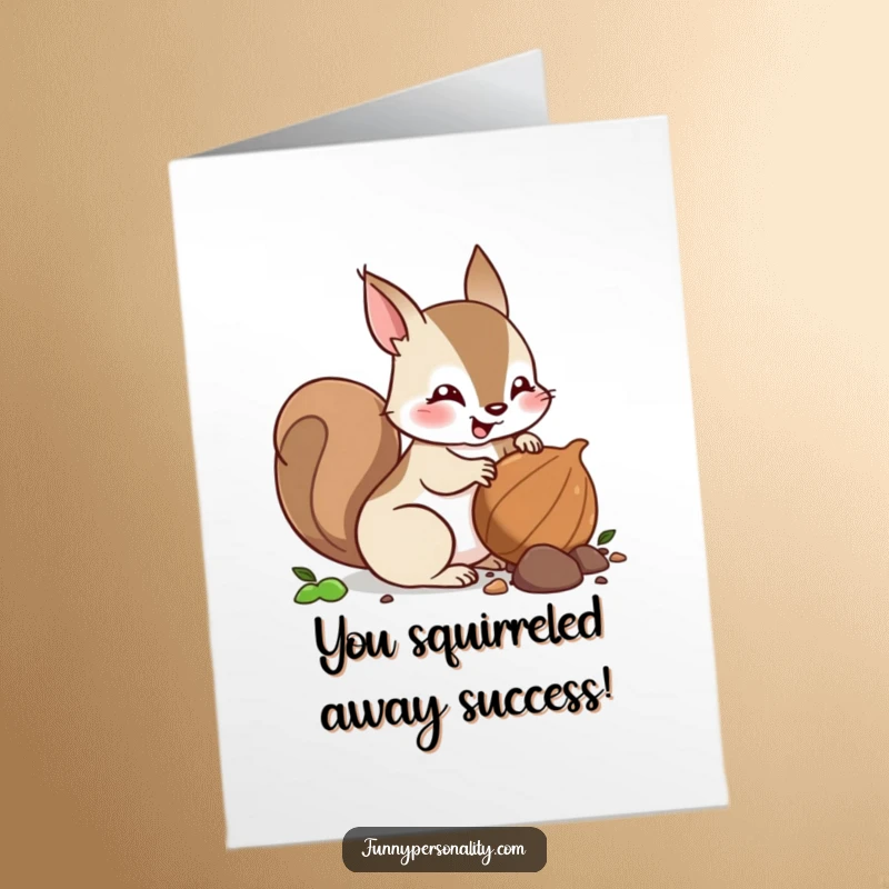 Funny Free Printable Congratulations Card: A squirrel character busily and excitedly burying a nut in celebration.
