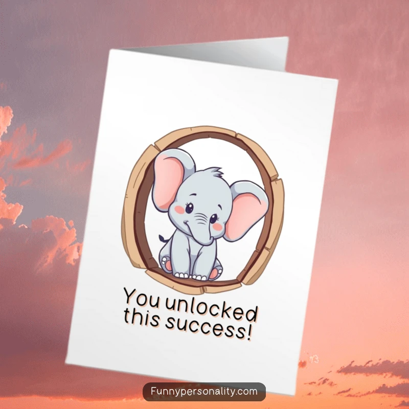 Funny Free Printable Congratulations Card featuring a curious elephant peeking through a keyhole, perfect for any celebratory moment.