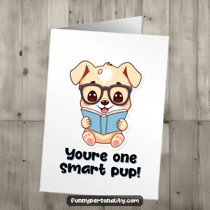 Funny Free Printable Congratulations Card: A grinning puppy in glasses studies a book, symbolizing intelligence and congratulations for accomplishments.