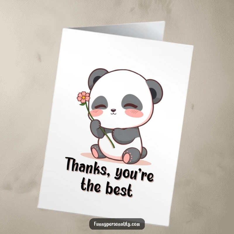 Adorable free printable panda card, a shy panda blushing while holding a flower, showing thanks.