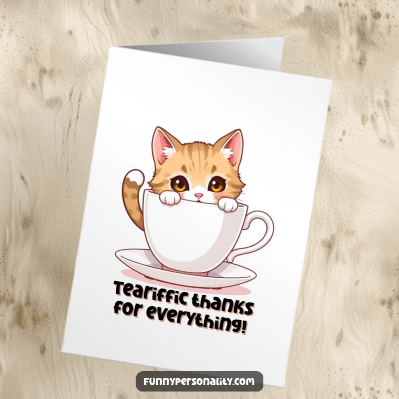 Funny free printable thank you card of a curious cat looking into an impossibly large teacup, expressing gratitude with wide eyes.