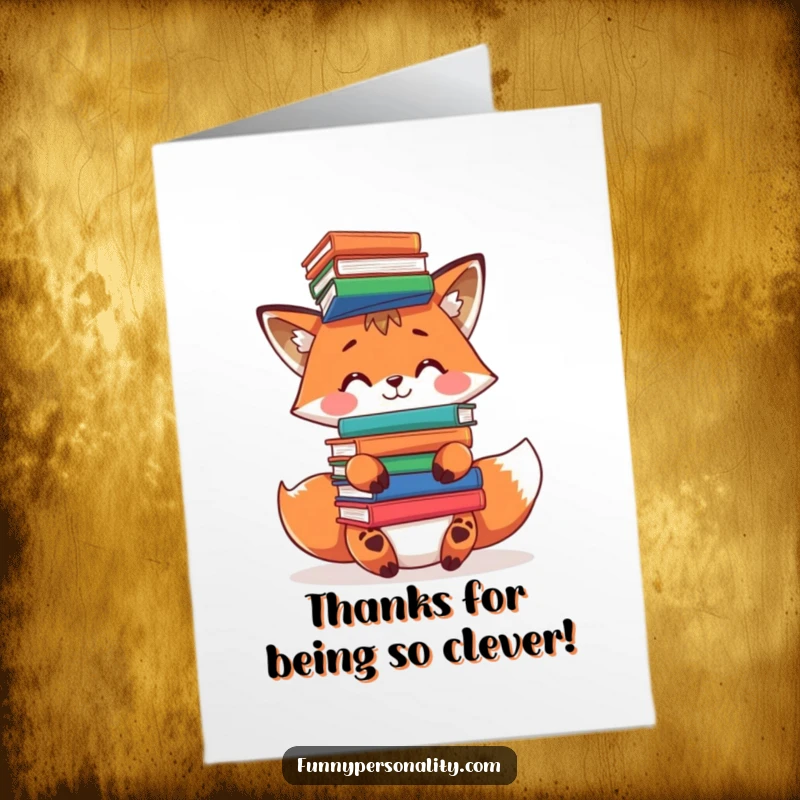 Funny free printable thank you card of a playful fox balancing a pile of books on its head, symbolizing learned kindness.