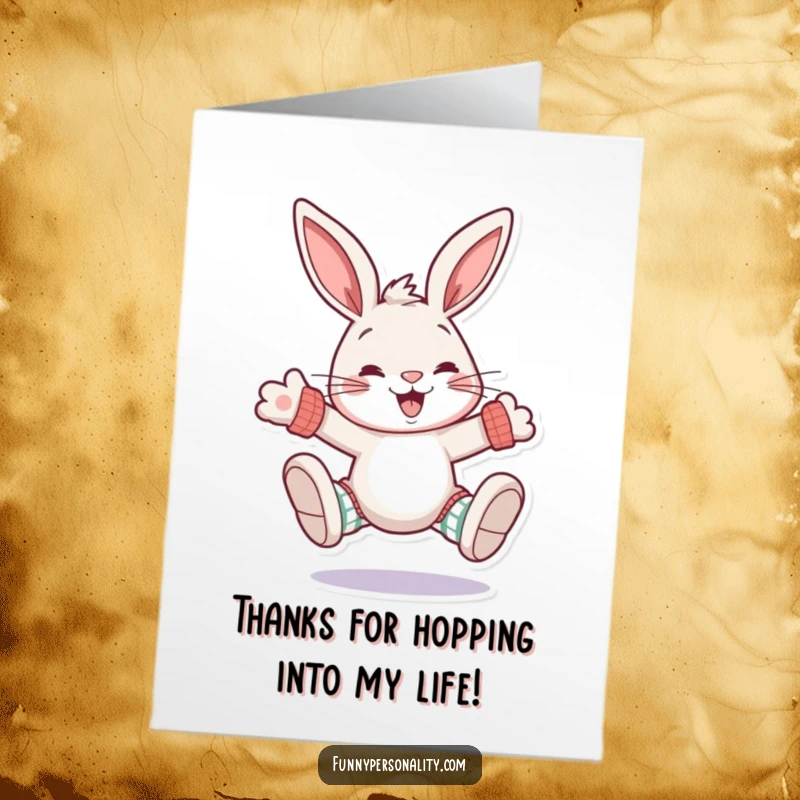 Funny free printable thank you card of a grinning rabbit hopping, showcasing its oversized and mismatched socks in a gesture of thanks.