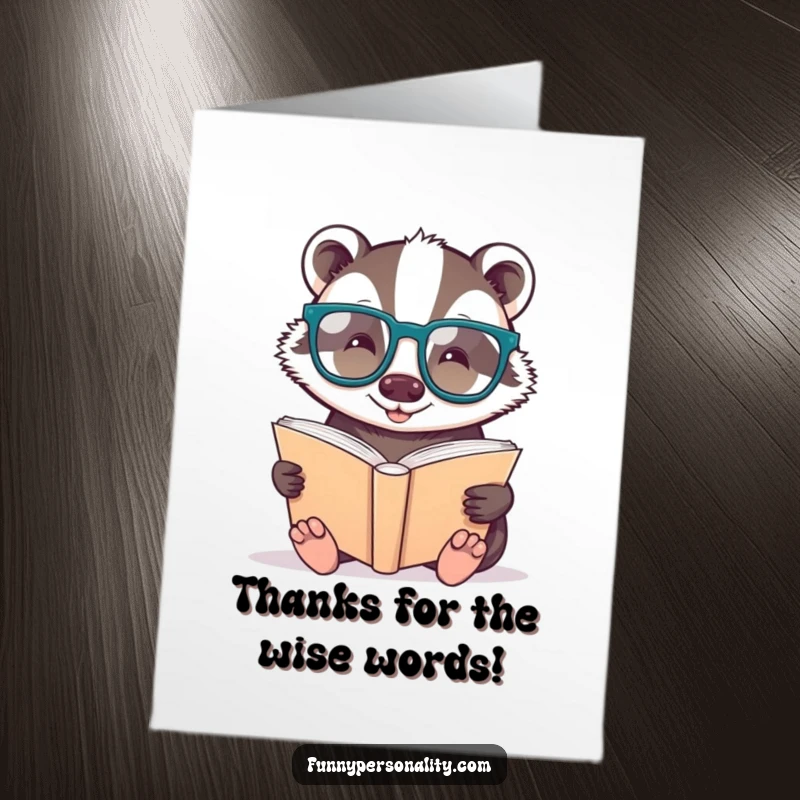 Funny Free Printable Thank You Card: A cheerful badger with oversized glasses reads a giant book, conveying thanks with wisdom. Art.