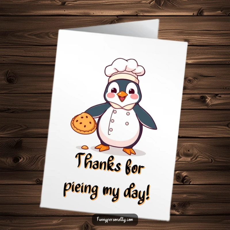 Funny Free Printable Thank You Card: A clumsy penguin chef accidentally drops a pie, making thanks extra special. Downloadable.