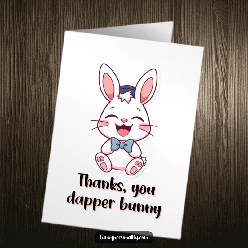 Funny Free Printable Thank You Card: A dapper bunny with a hat and bow tie, exuding infectious laughter.