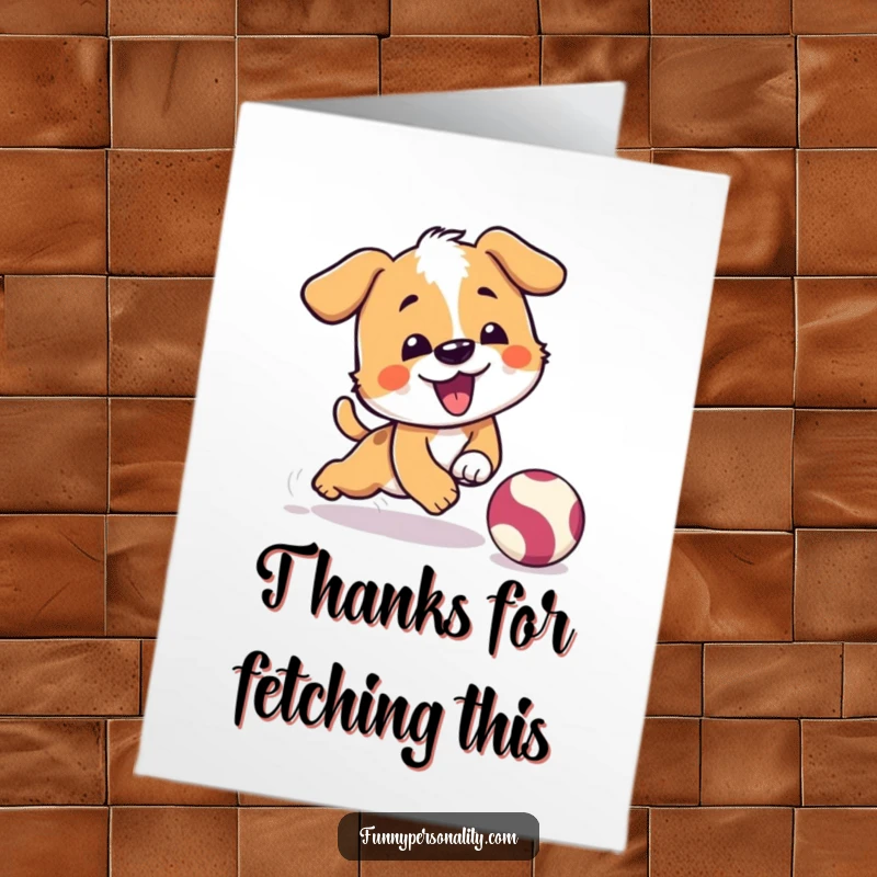 Funny Free Printable Thank You Card: a playful dog character comically trips while chasing a bouncing ball, expressing thanks.