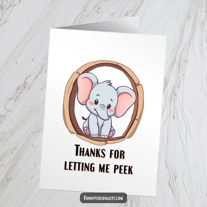 Funny Free Printable Thank You Card with a curious elephant peering through a keyhole, a charming expression of gratitude.