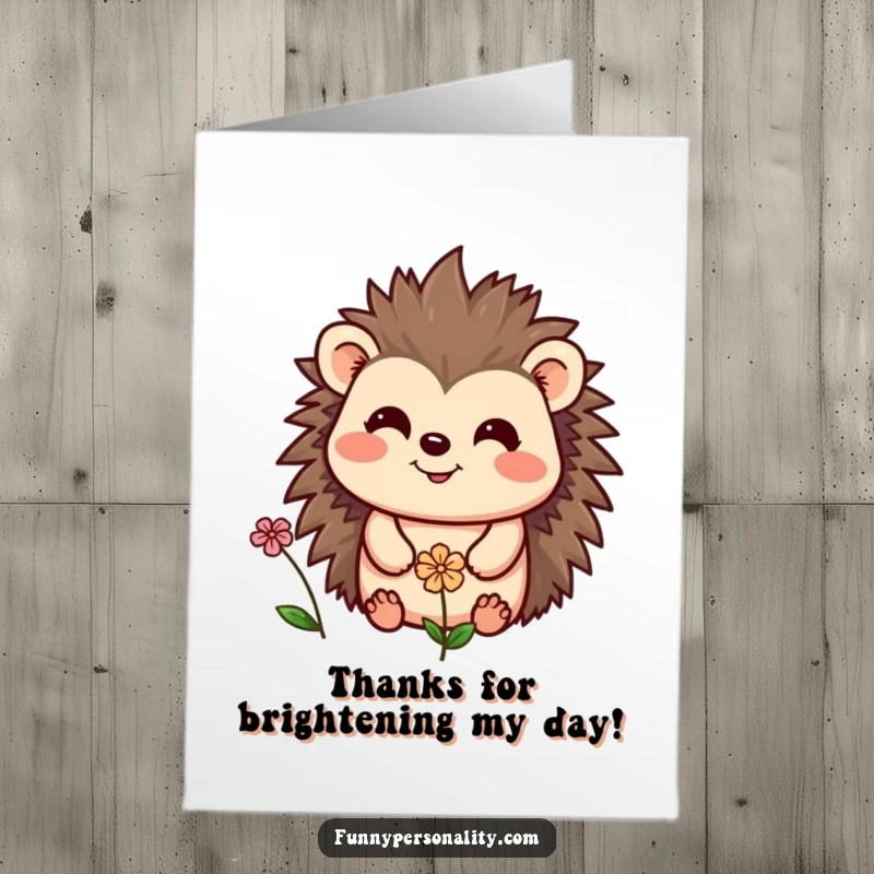 Funny Free Printable Thank You Card: A cheerful hedgehog smiling affectionately at a tiny, delicate flower, showing gentle gratitude.