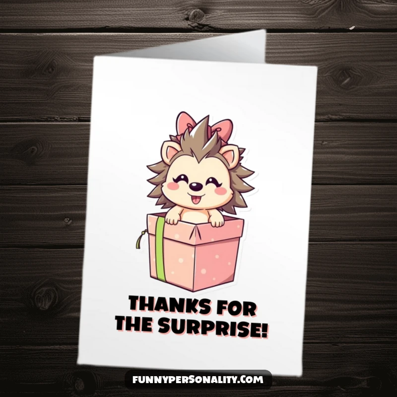 Funny Free Printable Thank You Card with a smiling hedgehog emerging from a gift box, a cute way to say thank you.