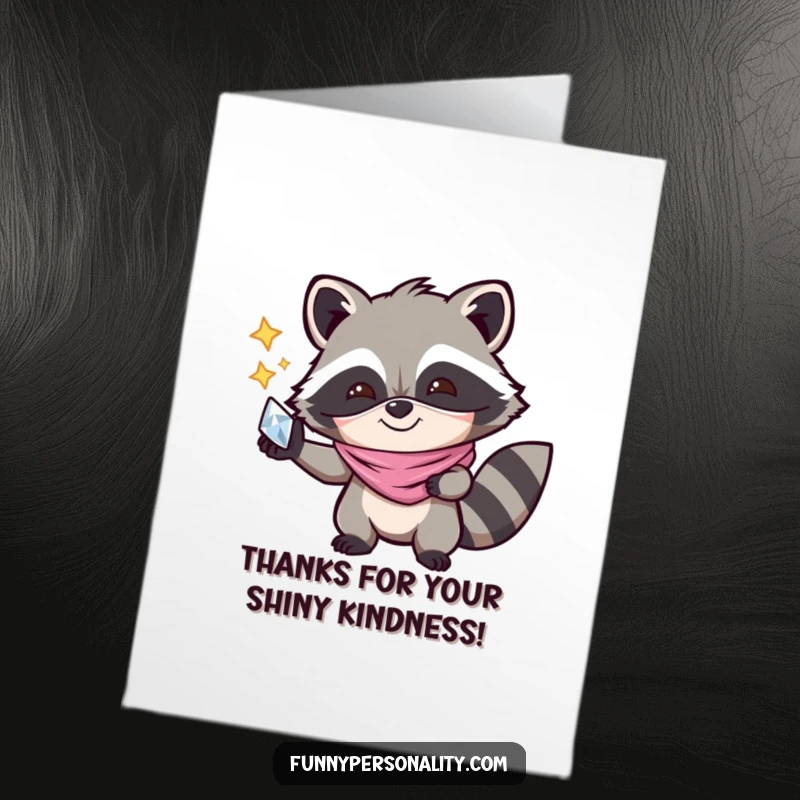 Funny Free Printable Thank You Card: A joyful raccoon in a mask holding a shiny object, expressing thanks with a mischievous sparkle.
