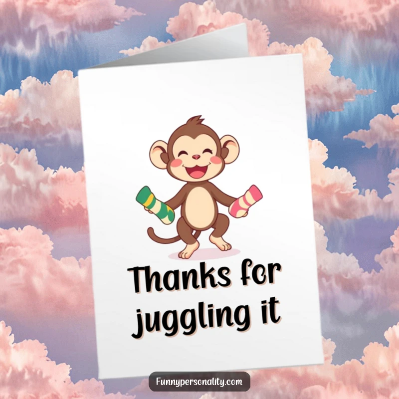 Funny Free Printable Thank You Card depicting a playful monkey juggling socks, a cheerful way to say thanks.