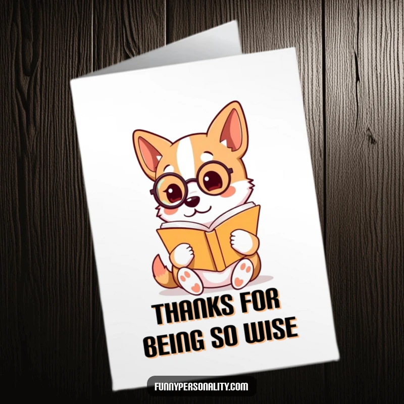 Funny free printable thank you card: A dog with a monocle reads a book, conveying sincere thanks with intellectual charm and a hint of humor.