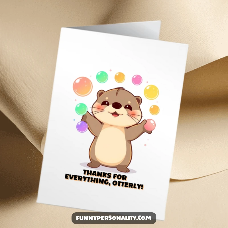 Funny Free Printable Thank You Card: A happy otter juggling colorful glowing orbs, sending thanks with a radiant smile.