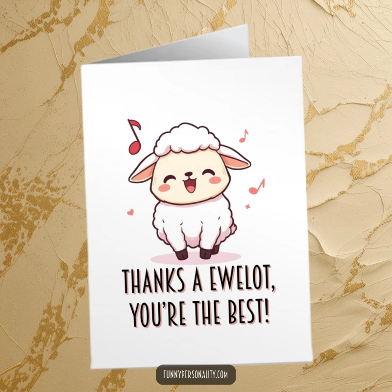 Funny Free Printable Thank You Card: A sheep character joyfully bopping its head, expressing thanks through music.