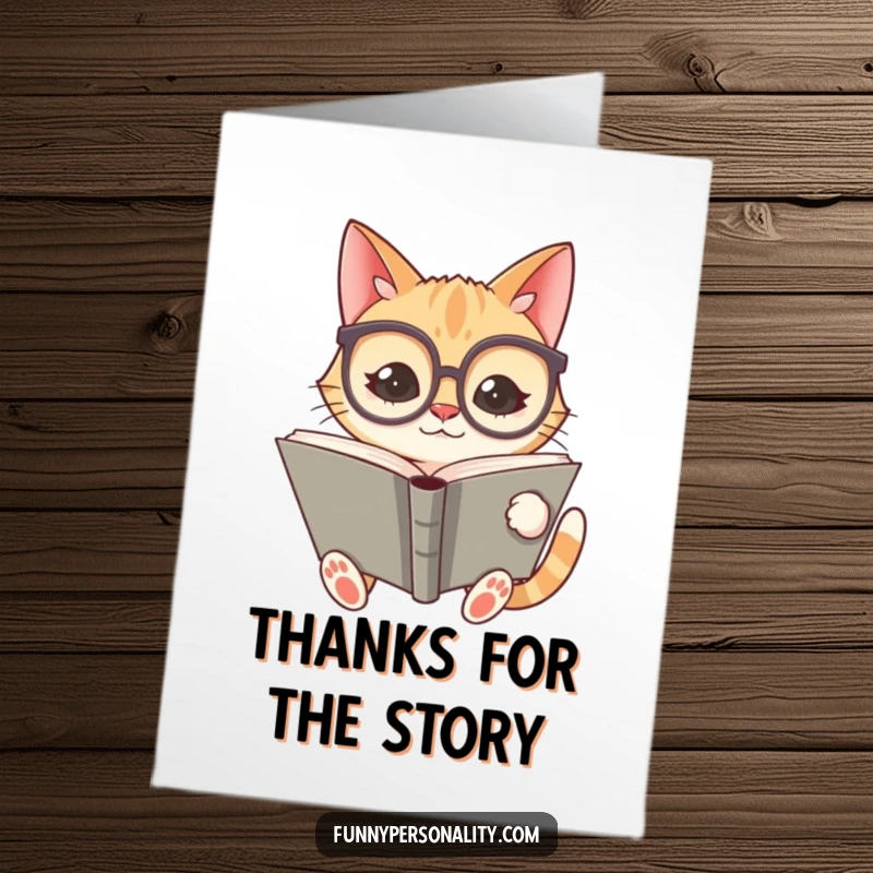 Funny Free Printable Thank You Card: a silly cat with oversized glasses reads a giant book, expressing thanks.