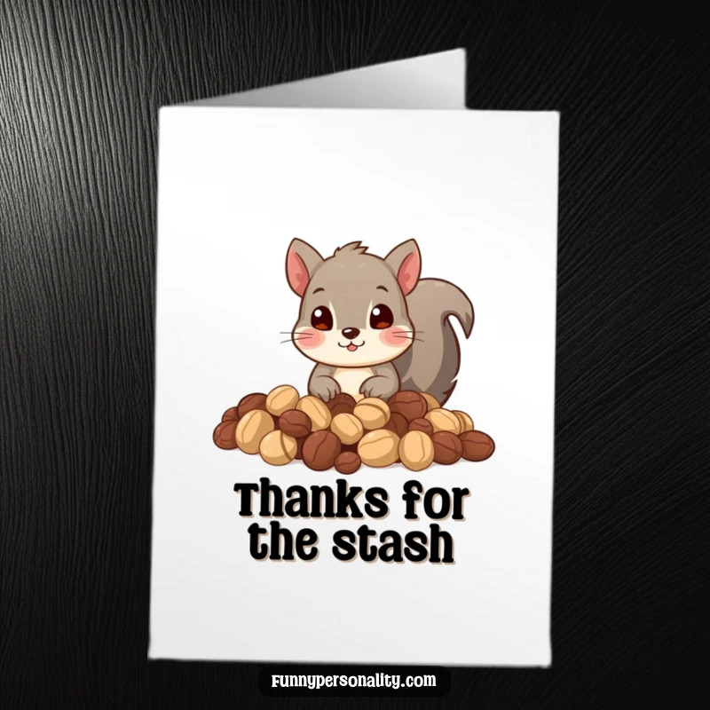 Funny Free Printable Thank You Card: A curious squirrel's head emerges from a massive pile of collected nuts.