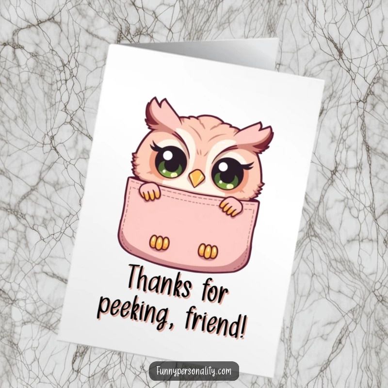 Funny free printable thank you card of a curious owl with wide eyes peeking from a big pocket.