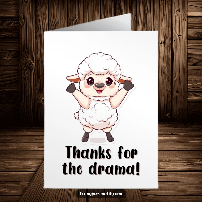Free Printable Thank You Card: A fluffy sheep delivering a dramatic pose, expressing thanks with theatrical downloadable style.
