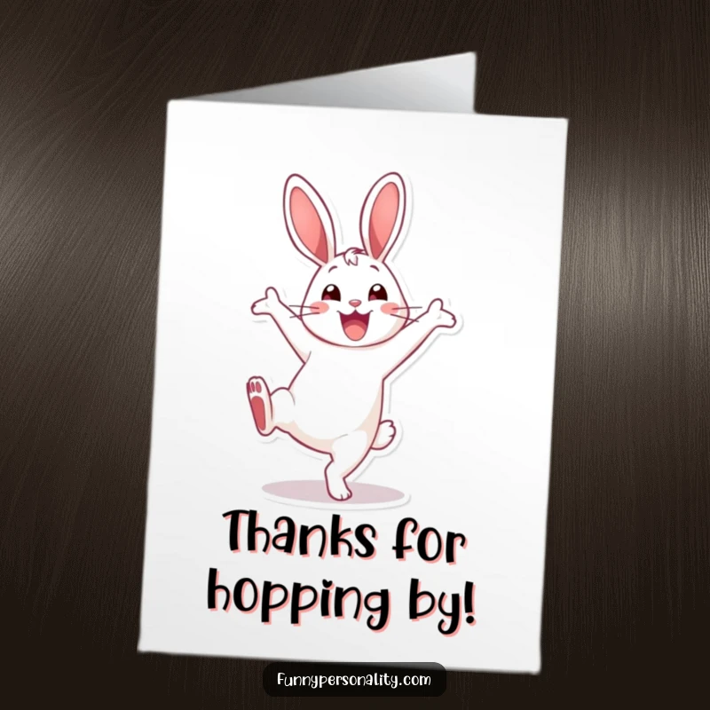 Free Printable Thank You Card: Energetic rabbit caught mid-cartwheel, expressing thanks with a huge, downloadable smile.