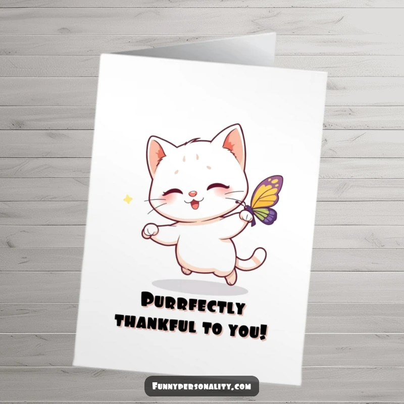 Funny Free Printable Thank You Card: A happy cat playfully pursues a sparkling butterfly, symbolizing chasing good moments and thanks.