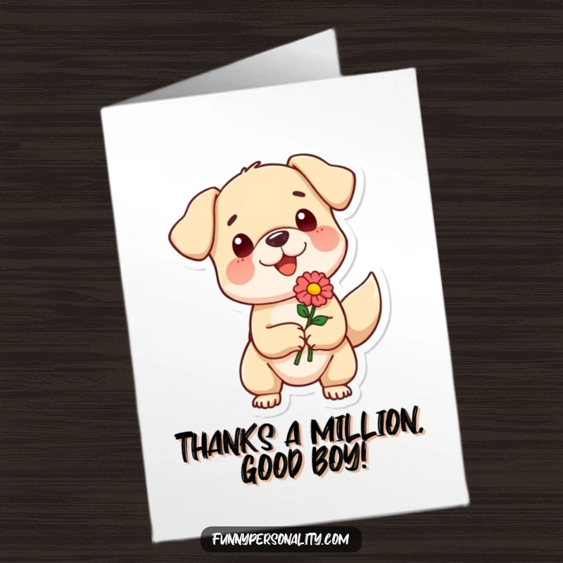 Funny Free Printable Thank You Card: A small dog with a wagging tail happily offers a delicate flower as a token of thanks.