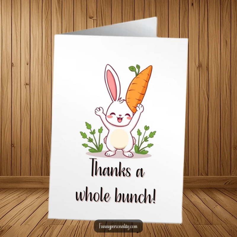 Funny Free Printable Thank You Card: A happy rabbit proudly presents a giant carrot, symbolizing abundance and thanks. A unique gift.