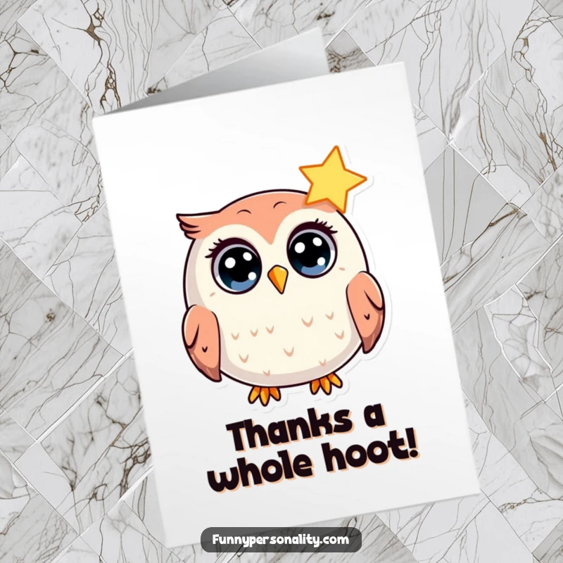 Funny Free Printable Thank You Card: Surprised owl under a star, a humorous and downloadable expression of thanks.