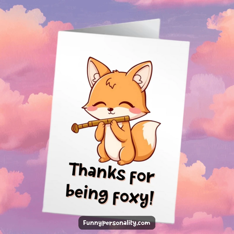 Funny Free Printable Thank You Card: A cheerful fox plays a tiny flute with closed eyes, offering a musical thank you.