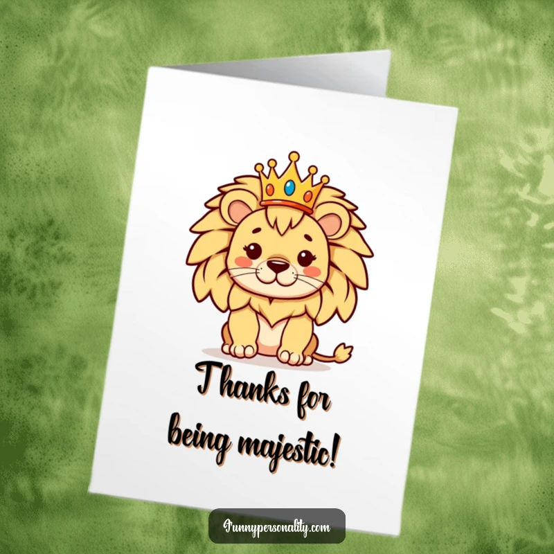 Funny Free Printable Thank You Card: A proud lion with a tiny crown, posing regally to convey thanks with noble humor.