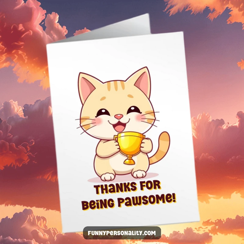 Funny Free Printable Thank You Card: A proud cat holds a miniature glowing trophy, expressing thanks. A unique gift.